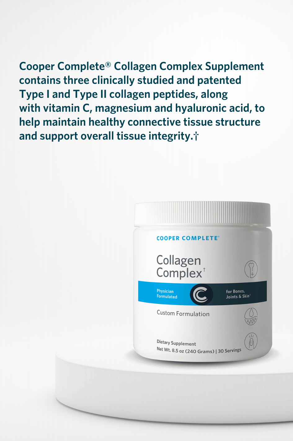 Cooper Complete Collagen Complex supplement container on a white background with a product description about its ingredients.