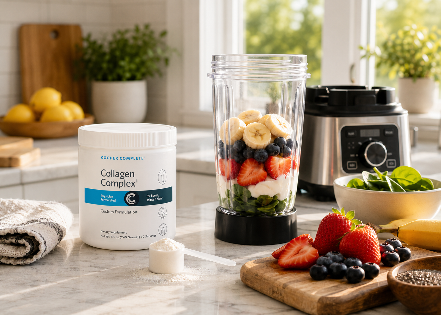 A canister of Cooper Complete Collagen Complex powder sits on a kitchen counter beside a blender filled with fruit and yogurt, with a blender base and other breakfast ingredients nearby in a bright kitchen setting.