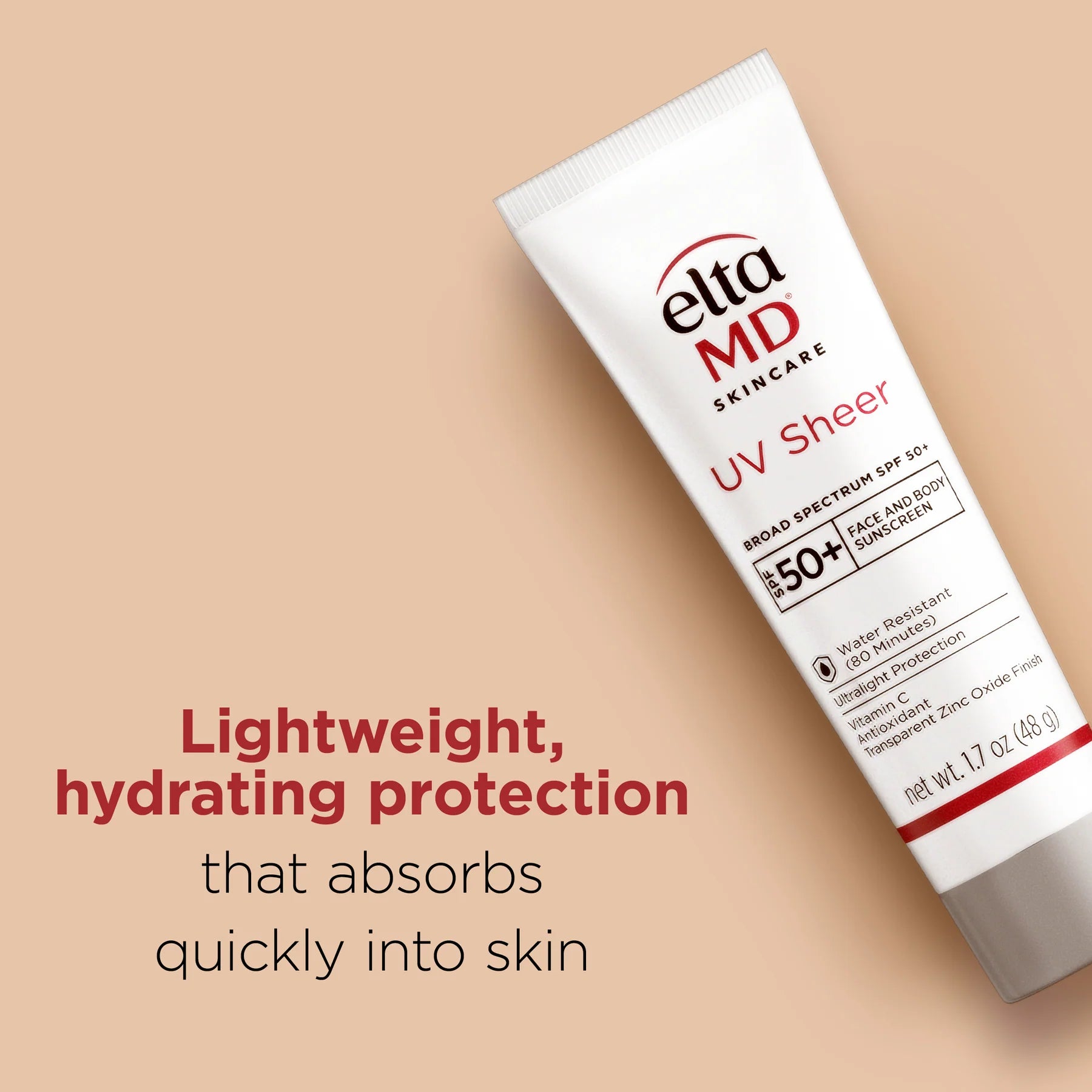 Bottle of EltaMD UV Sheer Broad-Spectrum SPF 50+ against a tan background for lightweight, hydrating protection that absorbs quickly into skin.