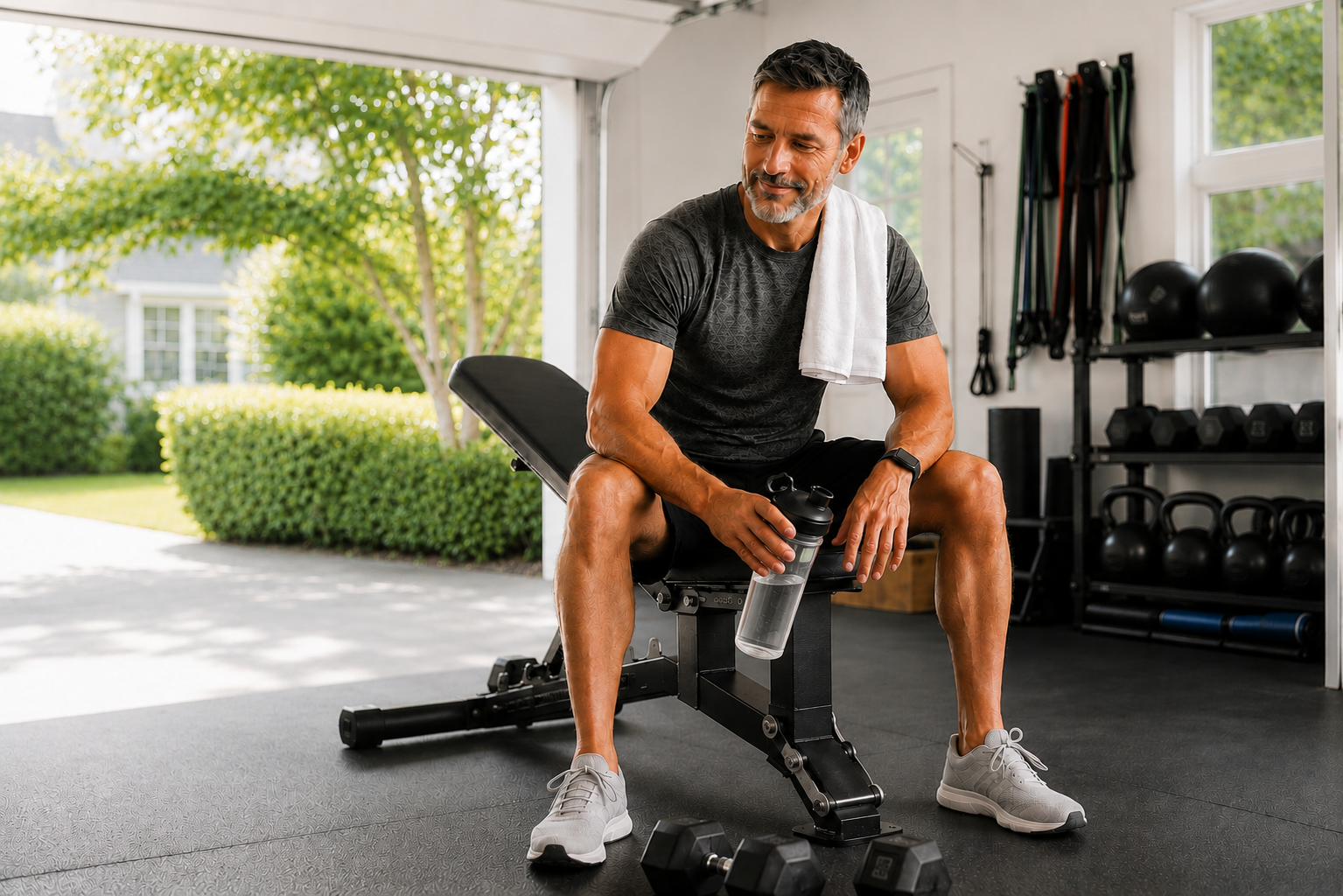 Active man resting after strength training workout in a home gym while holding a shaker bottle with a towel over his shoulder.