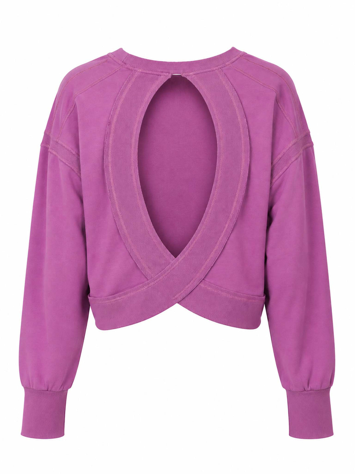 Back view of Be Fit women's Crescent Pima Cotton Open Back Long Sleeve Tee in Mulberry featuring large oval back cutout.