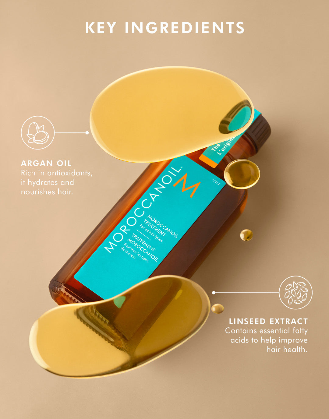 Moroccanoil Treatment Original key ingredients including antioxidant-rich argan oil and linseed extract to hydrate, nourish and support healthy-looking hair.