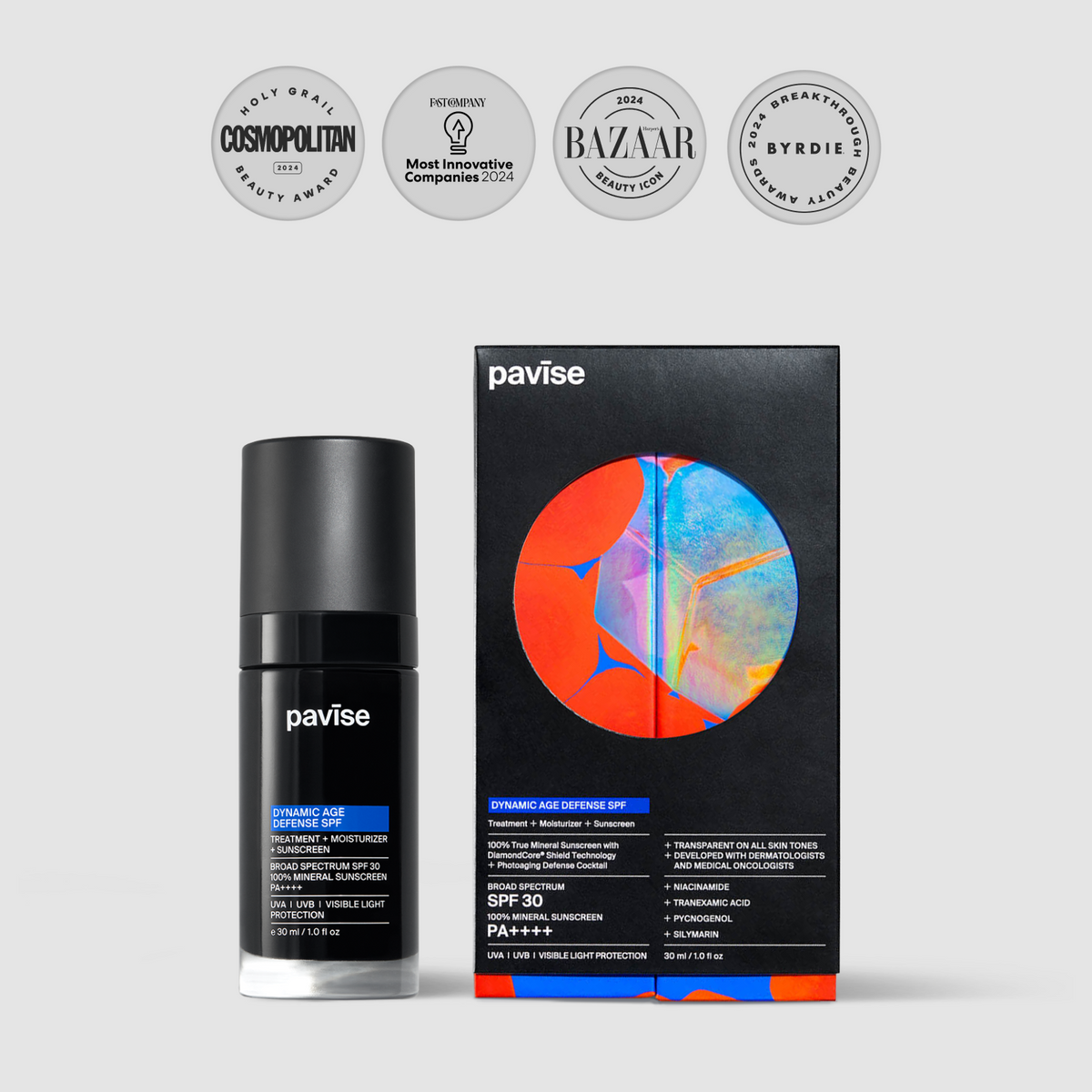 A black bottle of Pavise Dynamic Age Defense SPF treatment moisturizer with broad spectrum SPF 30 100% mineral sunscreen, 1 fl oz.