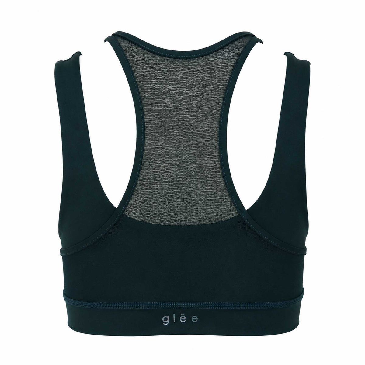 Back view of the Be Fit x Glee Botanic Green Siren Lift Sports Bra with a sheer mesh racerback, layered straps and centered logo.