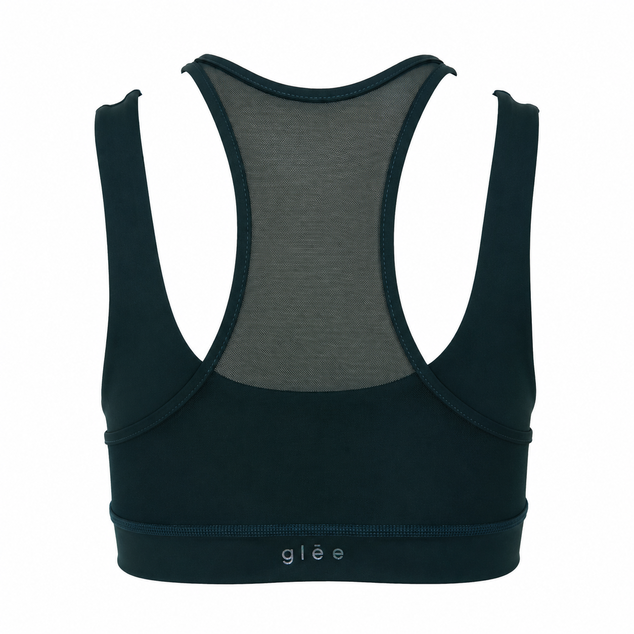 Back view of the Be Fit x Glee Botanic Green Siren Lift Sports Bra with a sheer mesh racerback, layered straps and centered logo.