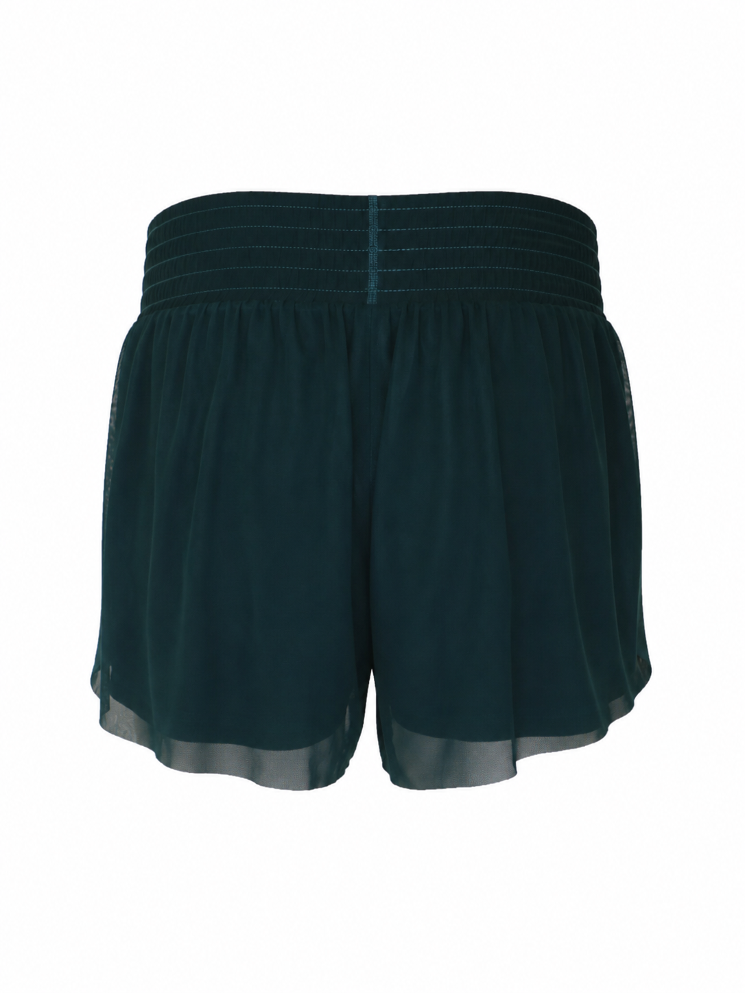 Back view of the Be Fit x Glee botanic green Ballerina Mesh Shorts with a wide waistband, solid inner lining and sheer mesh overlay.