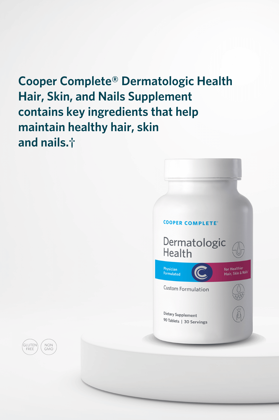 Cooper Complete Dermatologic Health Hair, Skin, and Nails supplement bottle with key product benefits.