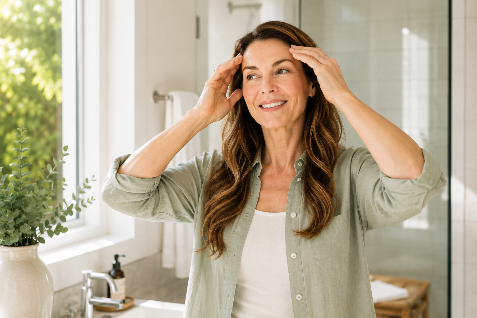 Woman smiling in a bright bathroom while caring for her skin and following a morning skincare routine, representing healthy skin and daily dermatologic wellness.