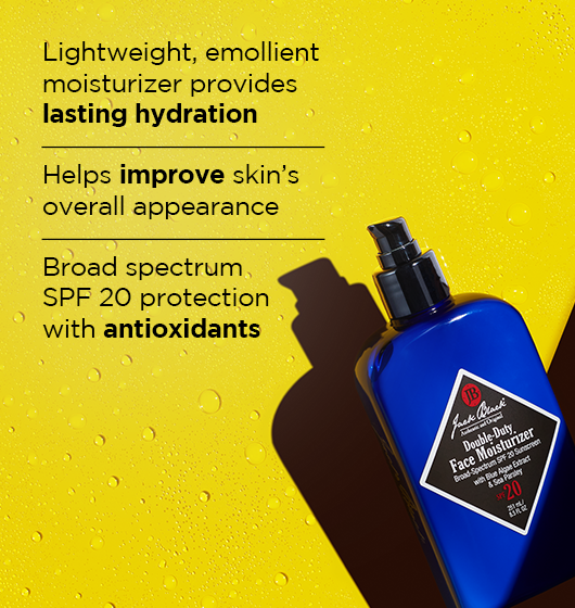 Jack Black Double Duty Face Moisturizer SPF 20 benefits including lasting hydration, improved skin appearance and broad-spectrum sun protection with antioxidants.
