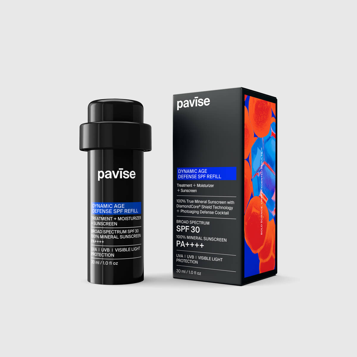 Pavise Dynamic Age Defense SPF 30 mineral sunscreen refill with black packaging.