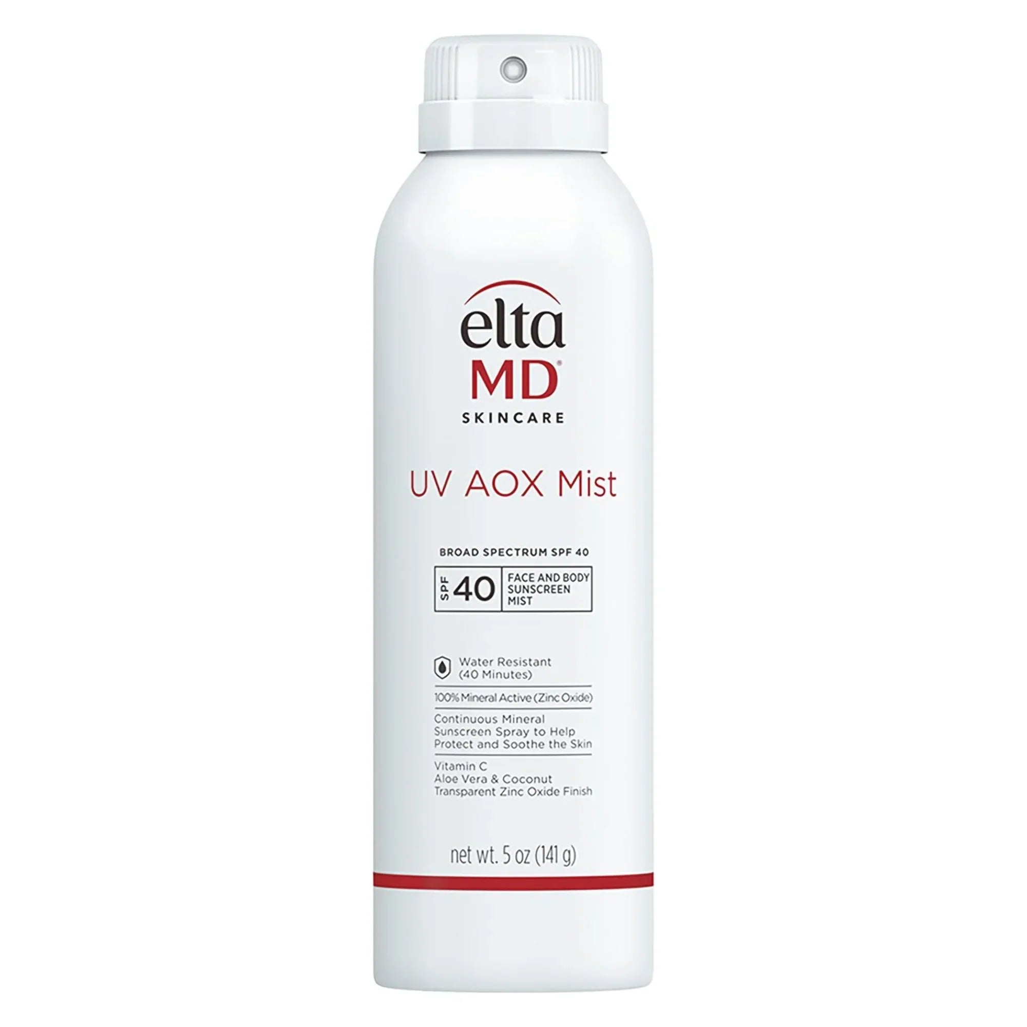 A white spray bottle of EltaMD Skincare UV AOX Mist with broad spectrum SPF 40 water resistant face and body sunscreen mist, 5 oz.