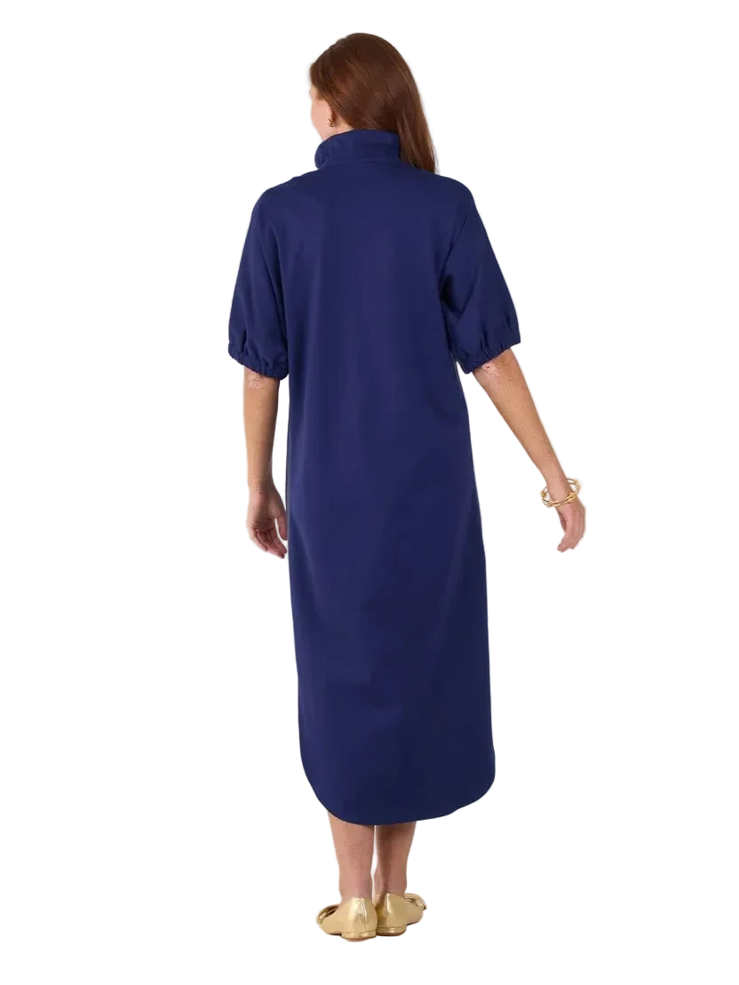 Back view of Emily McCarthy Poppy Caftan in Navy Ponte showing the relaxed silhouette, elastic sleeves and curved midi-length hem.