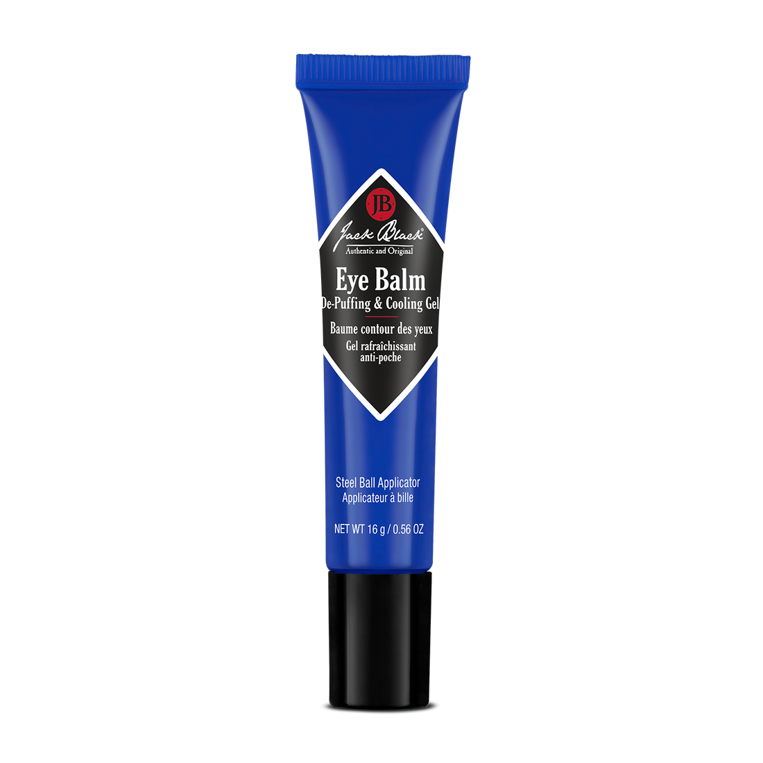 Jack Black Eye Balm De-Puffing & Cooling Gel 0.56 oz in a blue tube with stainless-steel rollerball applicator, front product view.