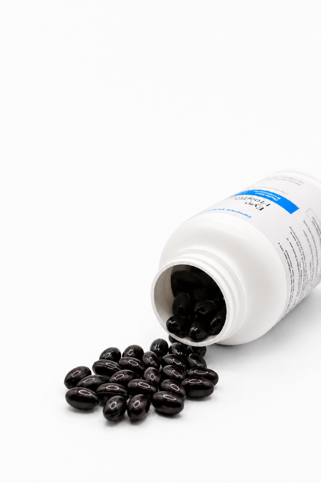 Coffee colored Cooper Complete Eye Health dietary supplement capsules spilling out of a white plastic bottle on a clean white background.