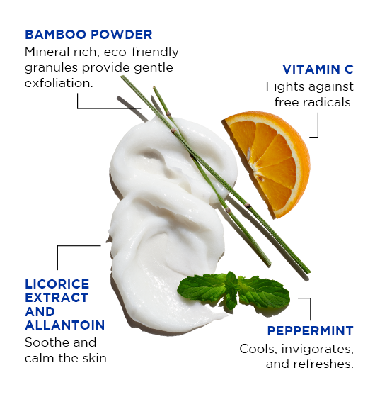 Jack Black Face Buff Scrub key ingredients including bamboo powder, vitamin C, licorice extract, allantoin and peppermint.