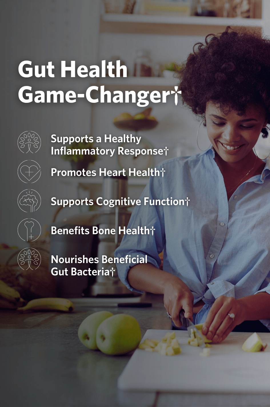 Woman preparing food in a kitchen with text about gut health benefits of Cooper Complete Microbiome Fiber Supplements.