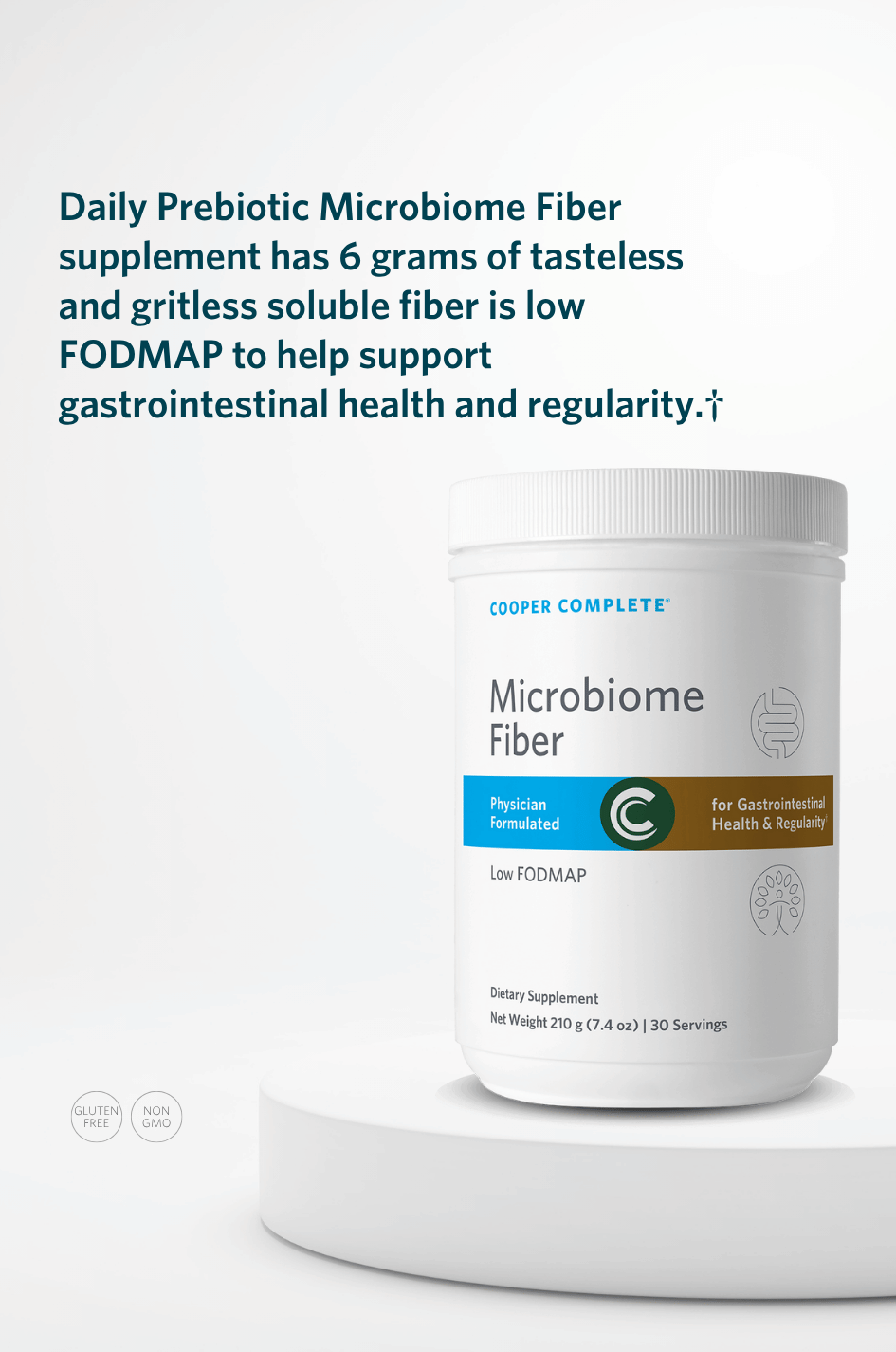 Cooper Complete Microbiome Fiber Supplement container on a white background with a product description.