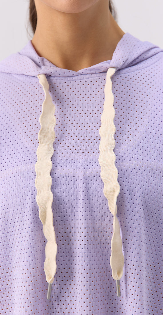 Front close-up of the Glee x Be Fit Lilac hoodie, highlighting the neckline and hoodie.