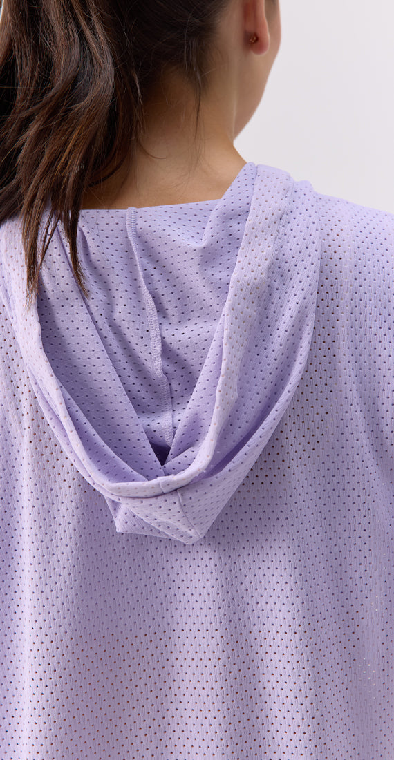Back close-up of the Glee x Be Fit Lilac hoodie.