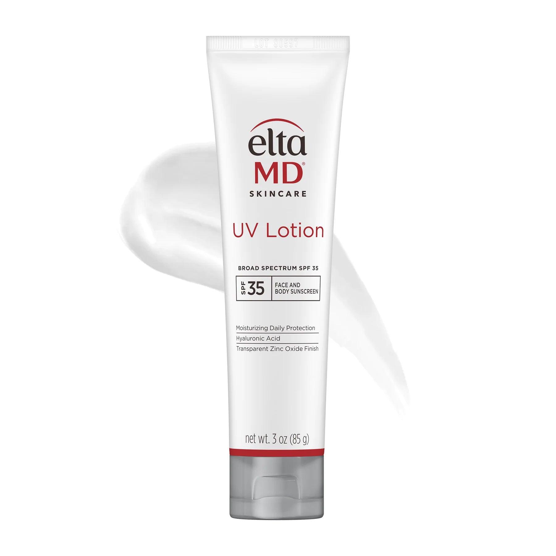 Bottle of EltaMD UV Lotion Broad-Spectrum SPF 35 with a swatch of the lotion sunscreen behind it against a white background.