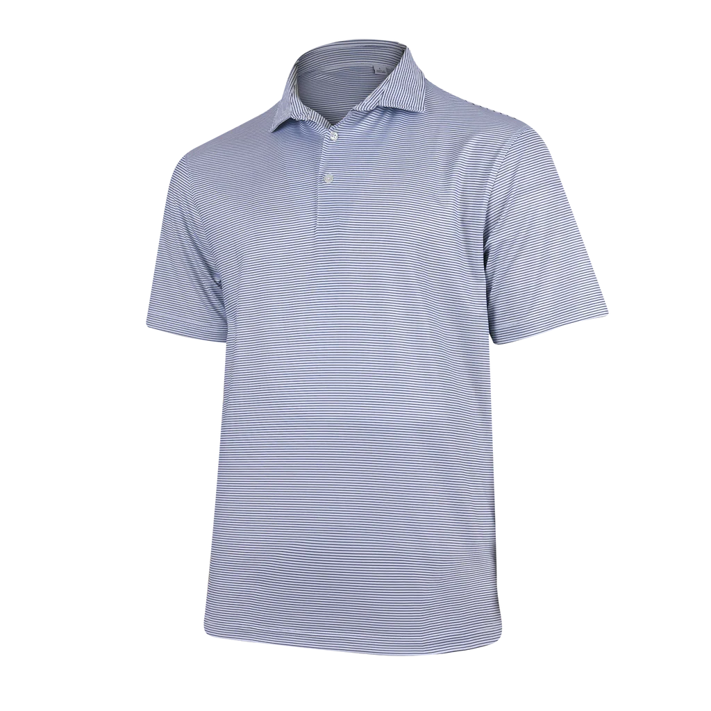 Angled view of the Be Fit men's Owners Stripe Polo in White / Navy.