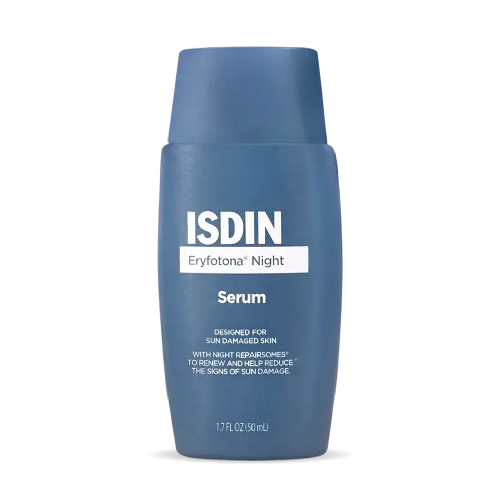 A blue bottle of ISDIN Eryfotona Night Serum designed for sun damaged skin with night Repairesomes to renew and help reduce signs of sun damage, 1.7 fl oz.