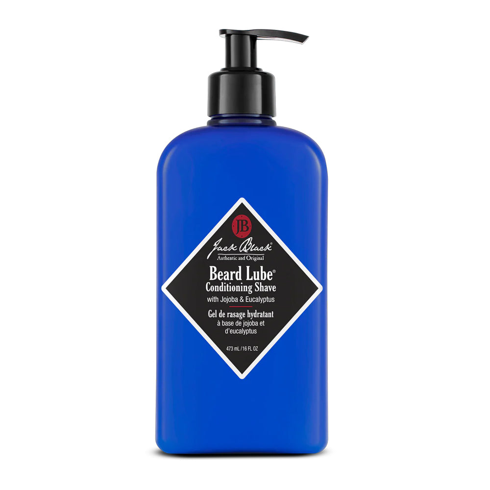 A blue pump bottle of Jack Black Beard Lube Conditioning Shave with jojoba and eucalyptus, 16 fl oz.