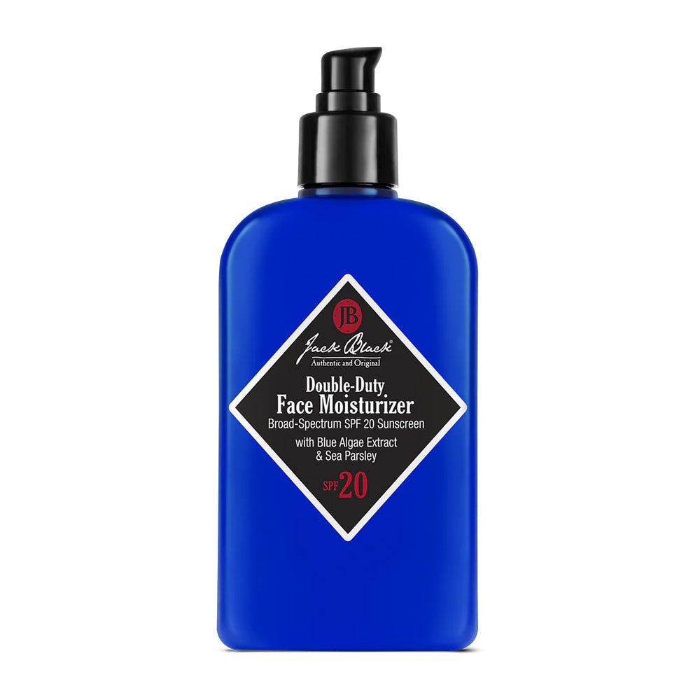 A blue dispenser pump bottle of Jack Black Double-Duty Face Moisturizer with broad-spectrum SPF 20 sunscreen, blue algae extract, and sea parsley.