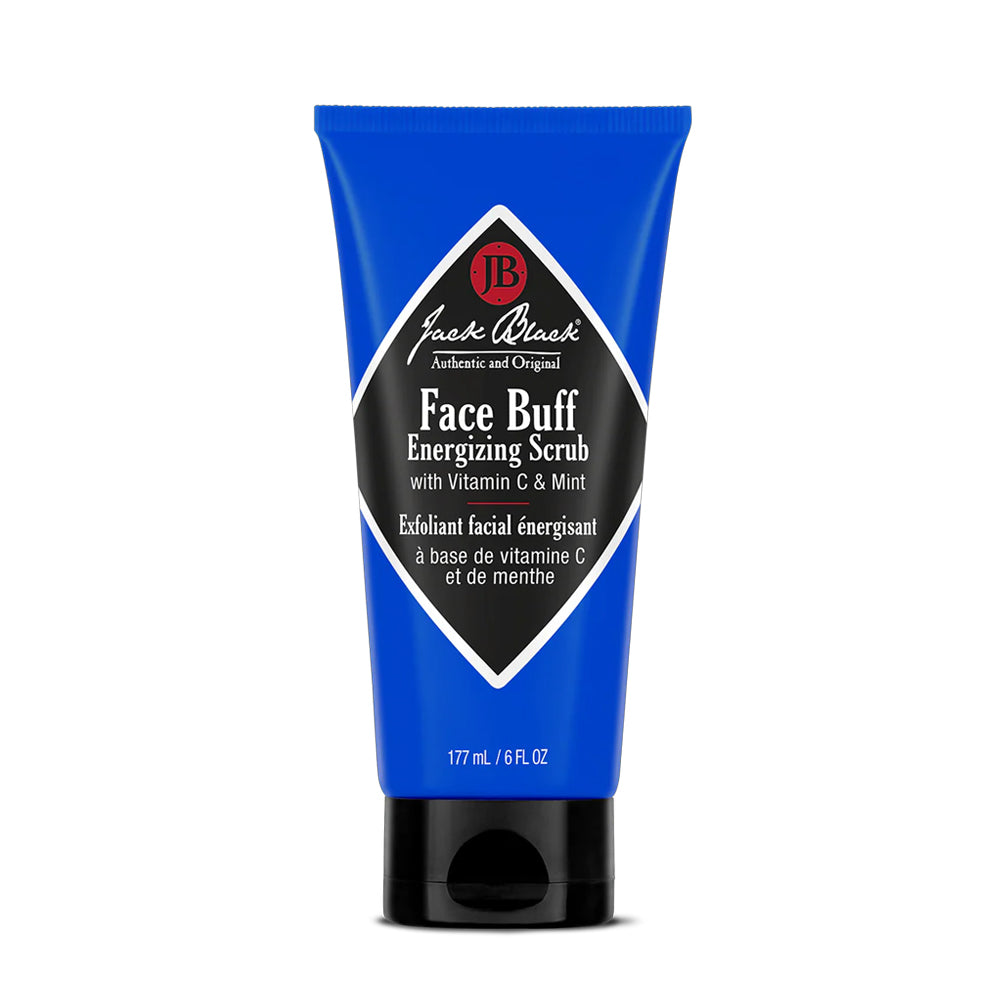 A blue squeeze bottle of Jack Black Face Buff Energizing Scrub with vitamin C and mint, 6 fl oz.