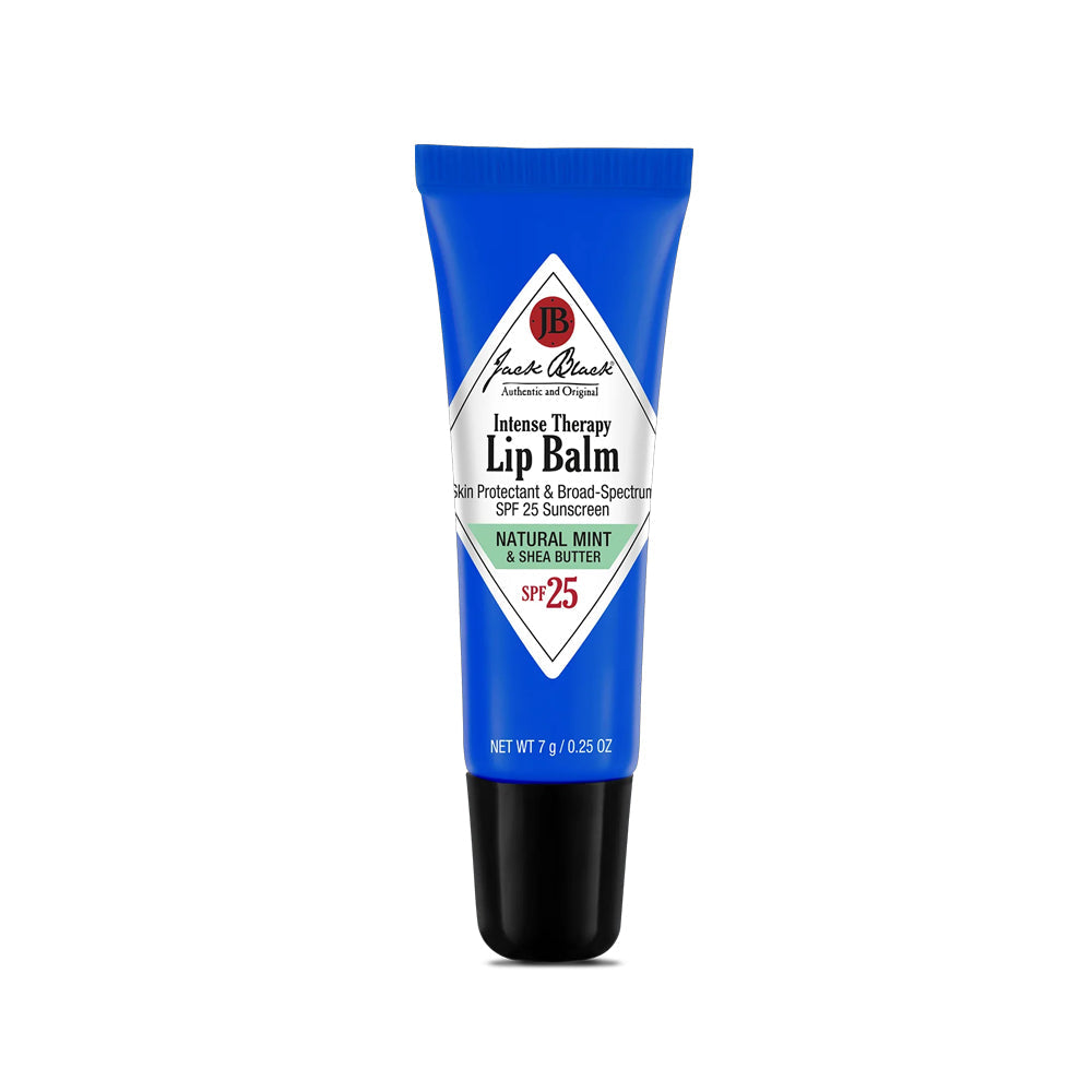 A blue tube of Jack Black Intense Therapy Skin Protectant & Broad-Spectrum Lip Balm with SPF 25 sunscreen, natural mint and shea butter, 0.25 oz.