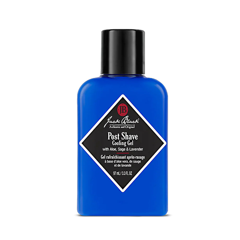 A blue bottle of Jack Black Post Shave Cooling Gel with aloe, sage, and lavender, 3.3 fl oz.