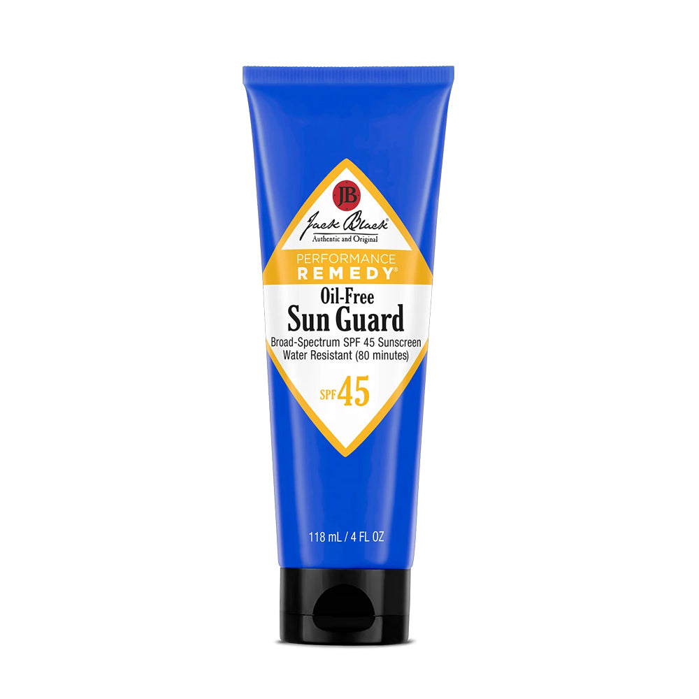 A blue squeeze tube of Jack Black Performance Remedy Oil-Free Sun Guard, 80-minute water resistant broad-spectrum SPF 45 sunscreen.