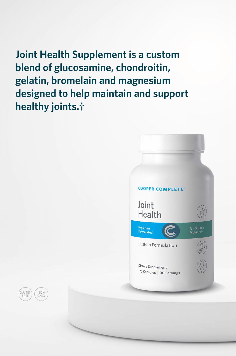 Cooper Complete Joint Health Supplement container on a white background with text about its benefits.