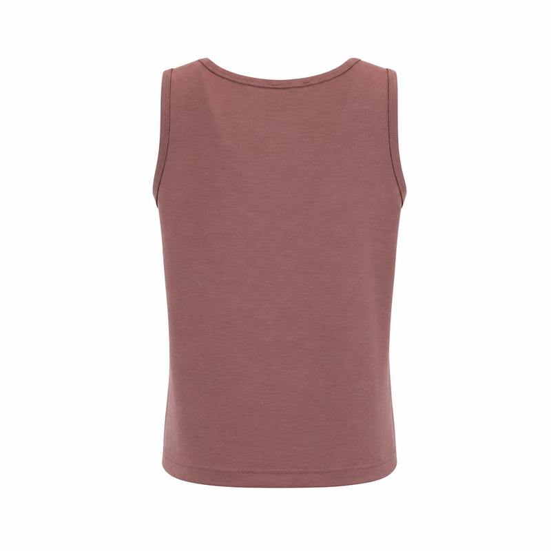 Back view of the Be Fit Laguna Coast sleeveless knit tank top in Rose Taupe featuring a clean, minimalist design and relaxed fit.