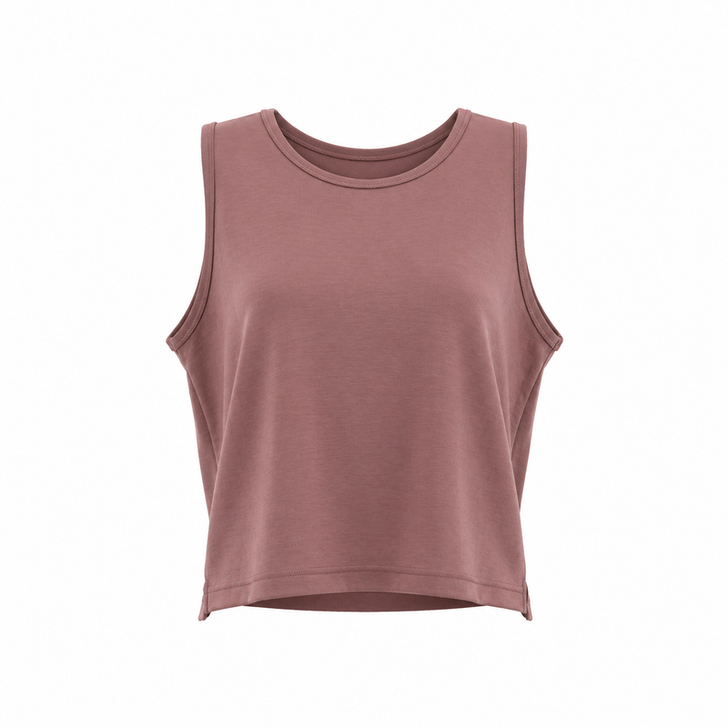 Be Fit Laguna Coast sleeveless knit tank top in Rose Taupe with a relaxed fit, crew neckline and slightly cropped silhouette.