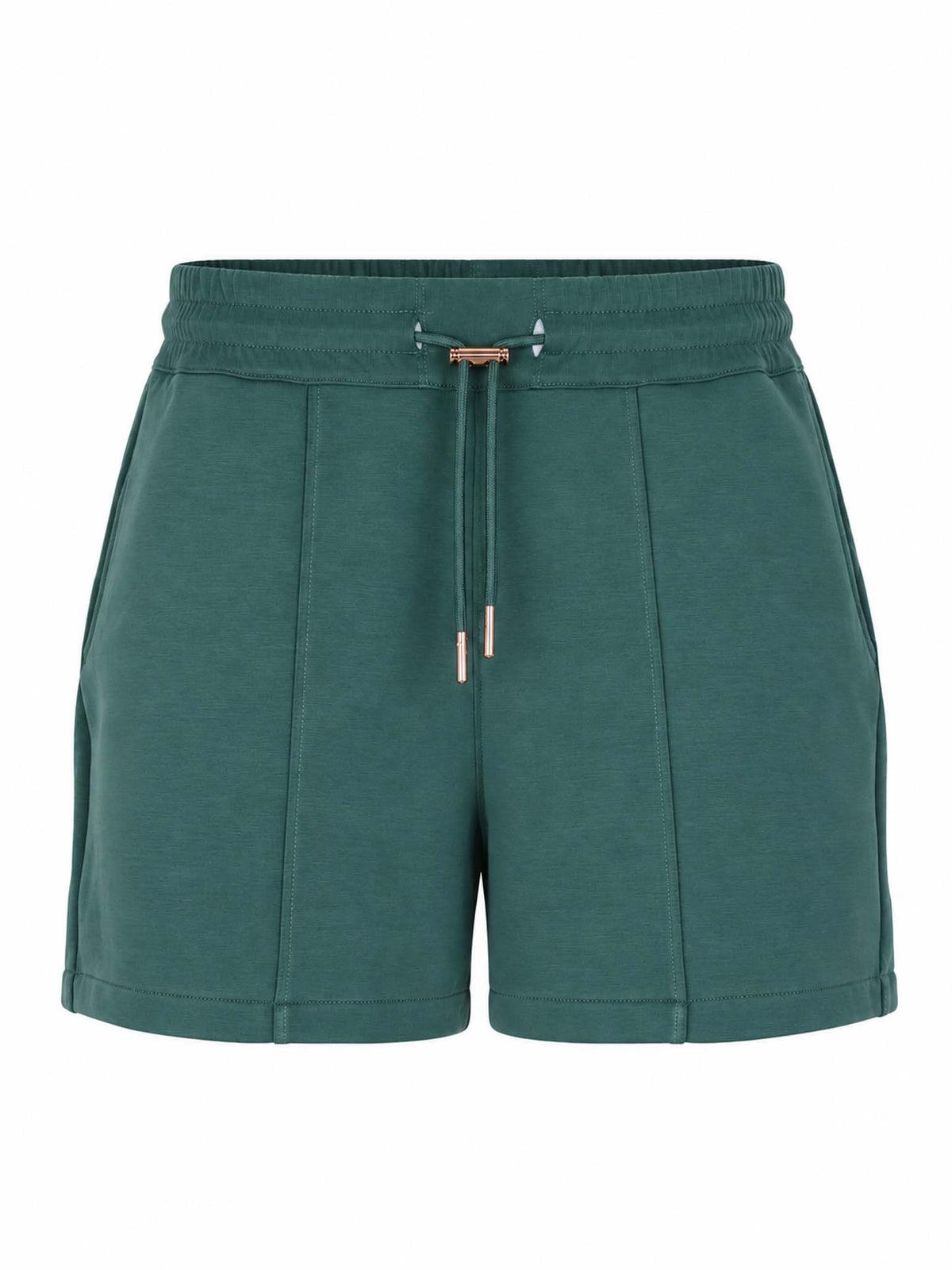 Front view of Be Fit women's Laguna Luxe Lounge Shorts in Eldergreen.