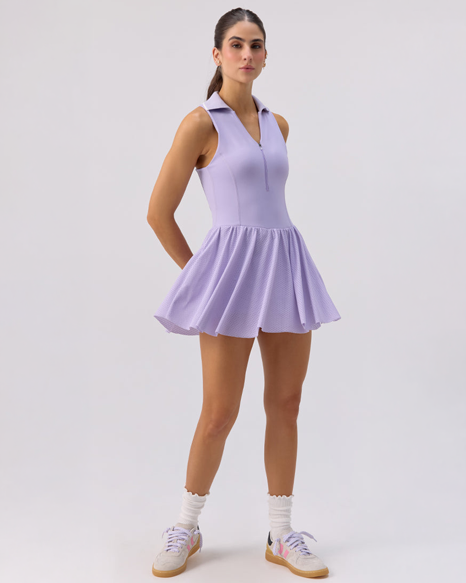 Model wearing the Glee x Be Fit Lilac Active Dress, front view.