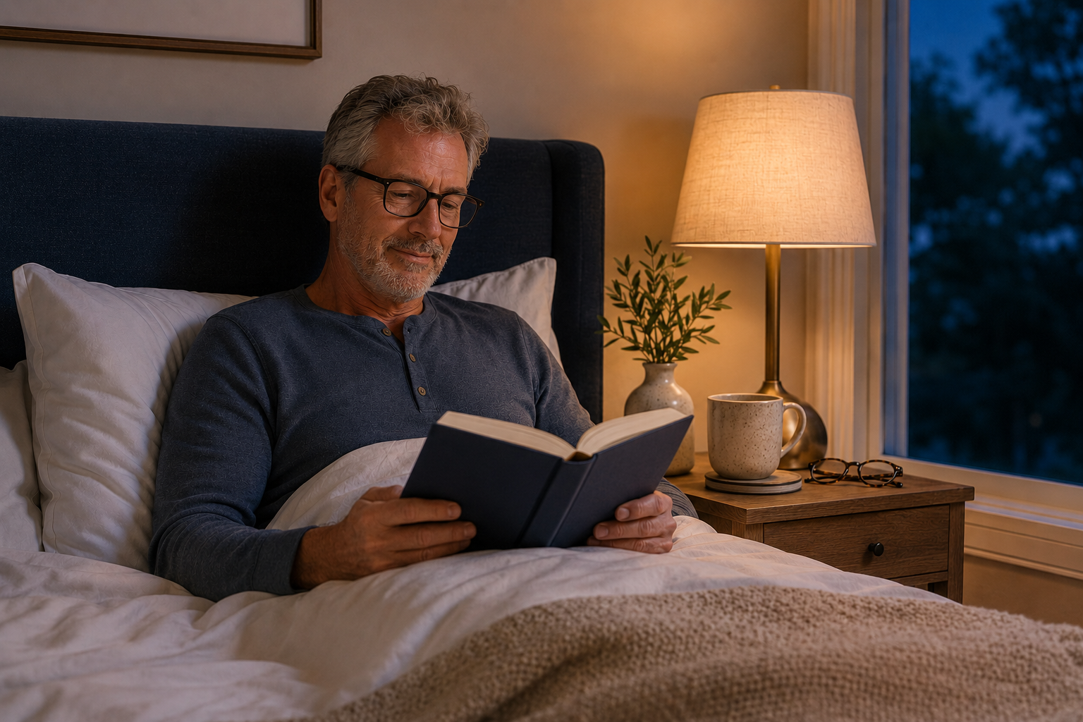 A man with gray hair and glasses sits in bed reading a book under a blue headboard, with a lit bedside lamp, mug, and window visible in a warmly lit bedroom.