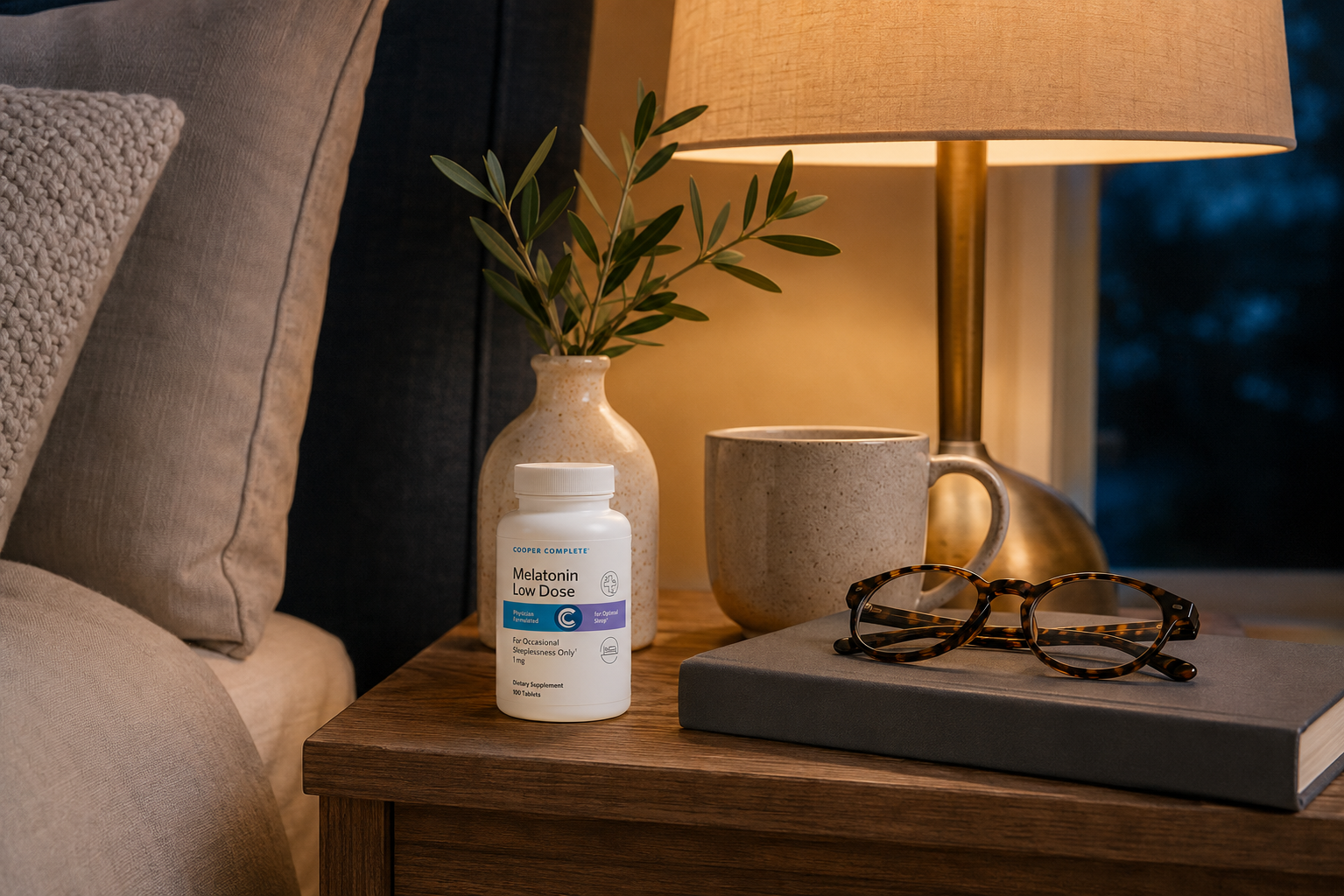 A bottle of Cooper Complete Low Dose Melatonin supplement sits on a wooden bedside table next to a lit table lamp, a ceramic mug, a small vase with greenery, and tortoiseshell eyeglasses.