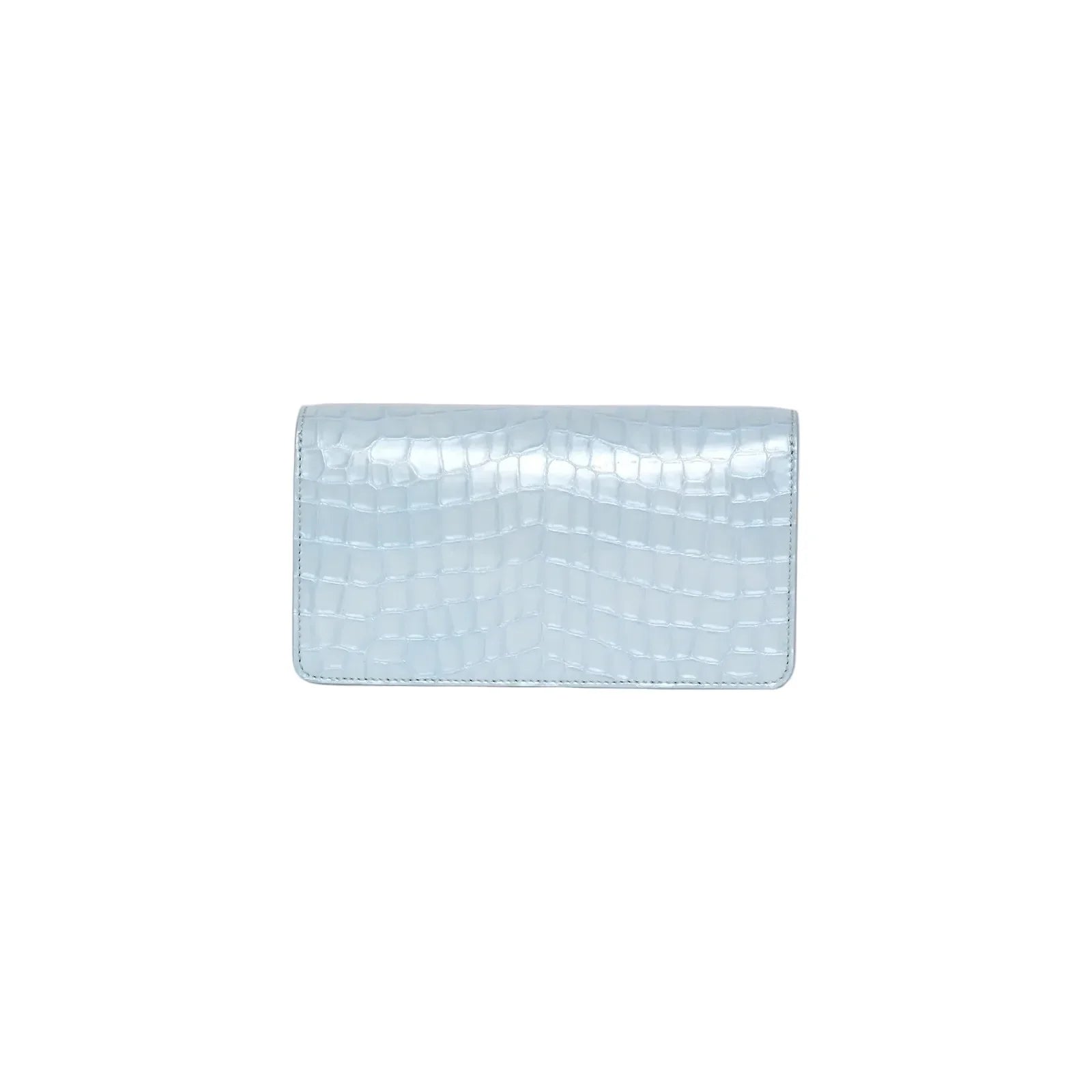 Back view of the De Marquet Envelope Faux Croc shoulder bag in Blue Aura (pale ice blue), highlighting the envelope silhouette and croc-embossed texture.