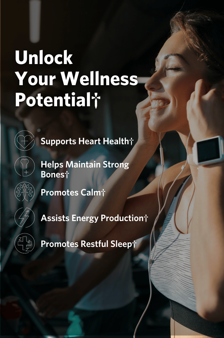 Woman exercising with headphones on, text about wellness benefits of Cooper Complete Magnesium Glycinate supplements.