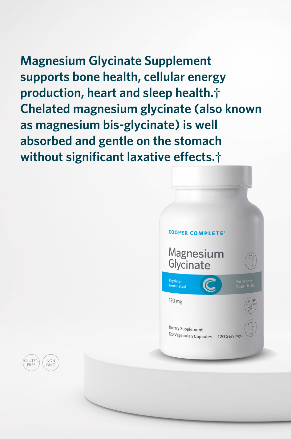 Cooper Complete Magnesium Glycinate Supplement container on a white background with text about its benefits.