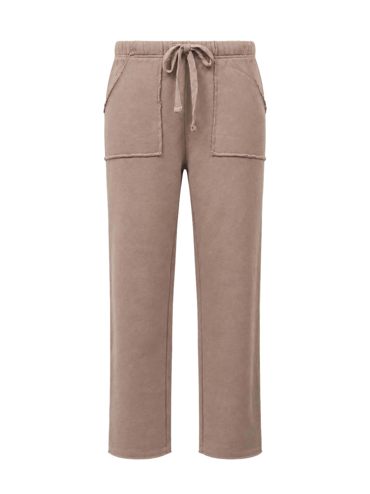 Front view of Be Fit women's Malibu Essential Tapered Lounge Pants in Silken Taupe.