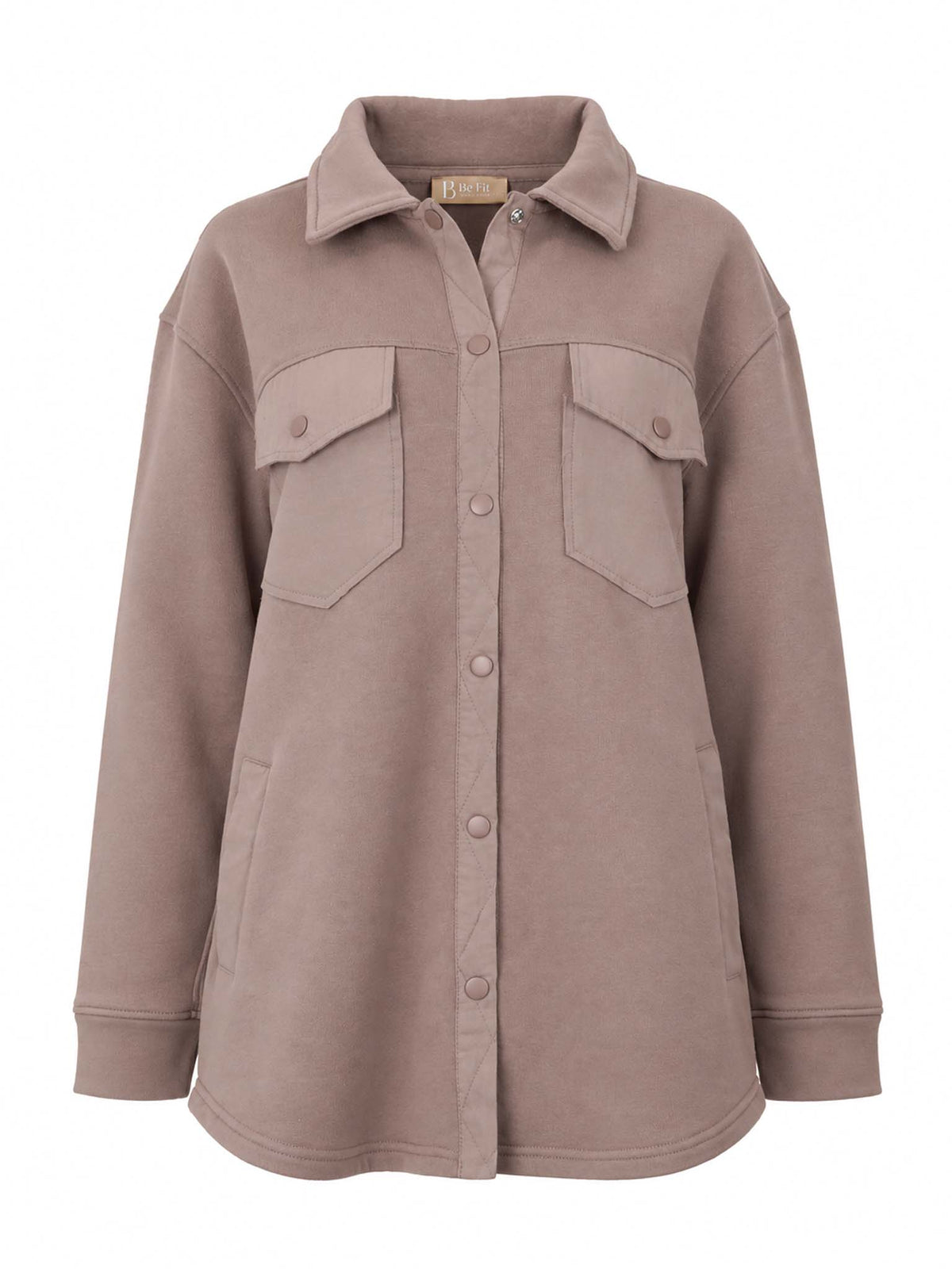 Front view of Be Fit women's Malibu Evergreen Shacket in Silken Taupe.