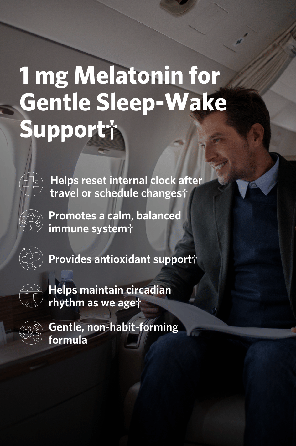 Man sitting in a private airplane with text about Cooper Complete Low Dose Melatonin supplement sleep support.