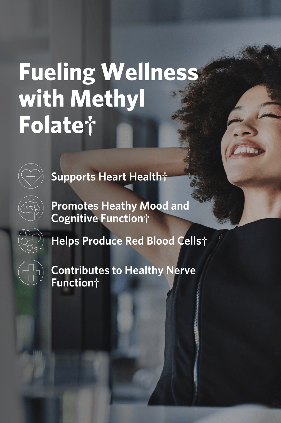 Woman with a healthy smile, text about Cooper Complete Methylfolate 5000 mcg (5 mg) Supplement benefits, blurred background.