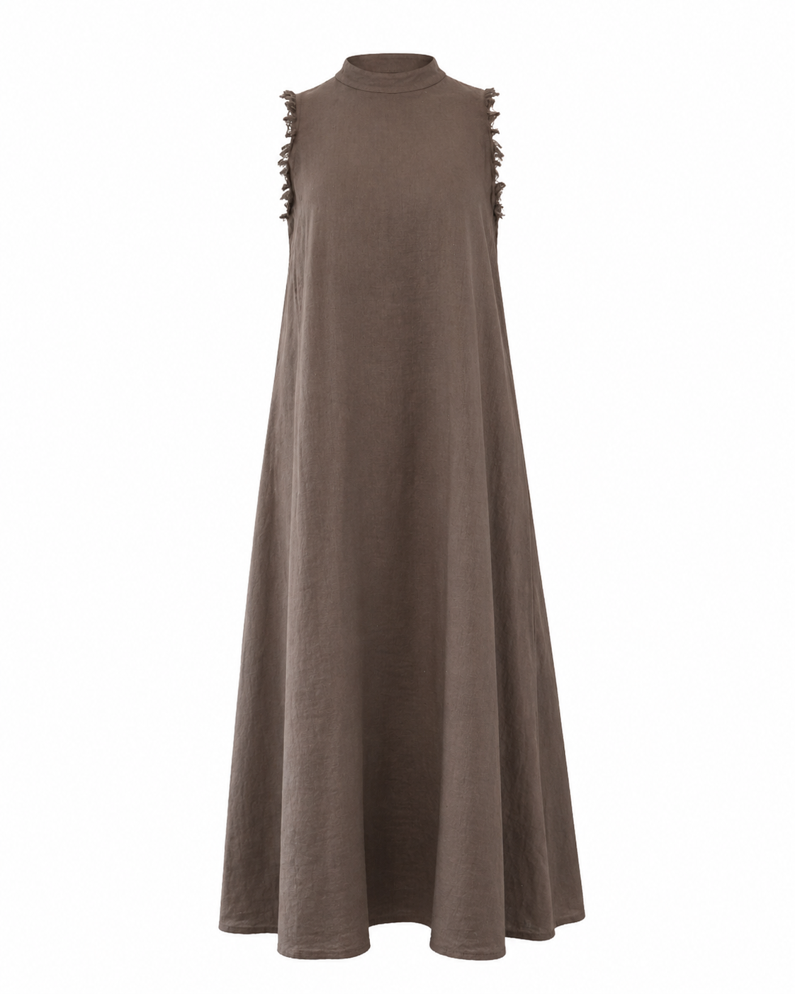 Front view of the Be Fit chocolate brown sleeveless linen maxi dress with a mock neckline, frayed armhole trim and flowing A-line silhouette