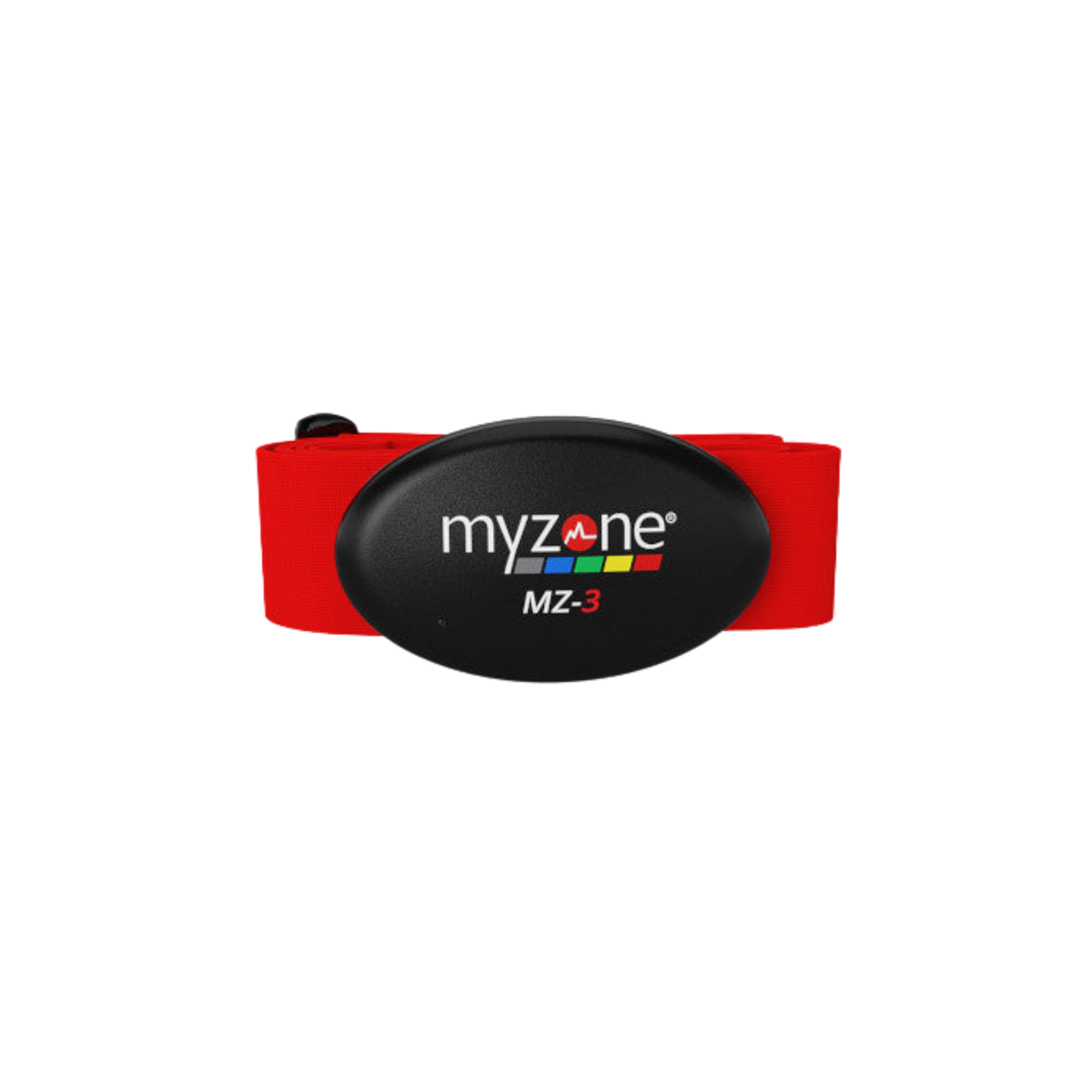 MYZONE MZ-3 heart rate monitor with an adjustable black chest strap and removable sensor module.
