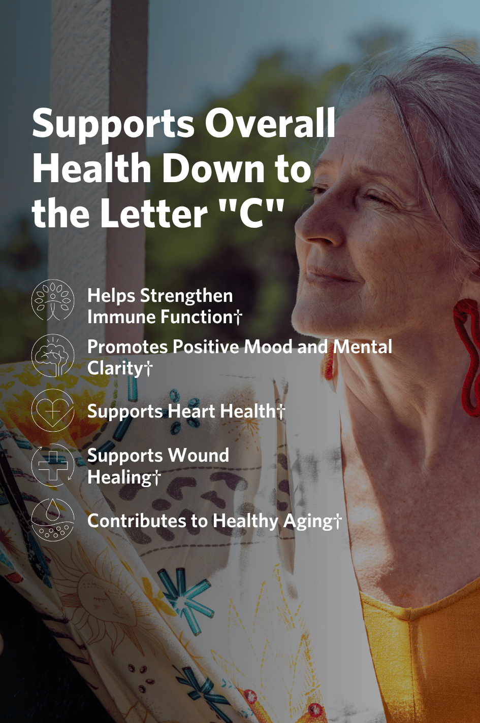 Woman with gray hair and red earrings, with text about the health benefits of Cooper Complete Natural Vitamin C supplements on a dark background.