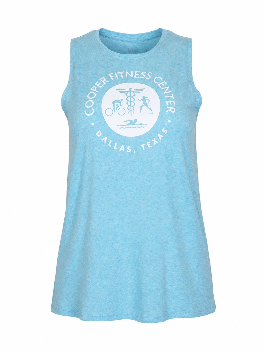 Front view of Tasc Women's Cooper Fitness Center Logo Nola Tank 2.0 in Waterfall Heather.